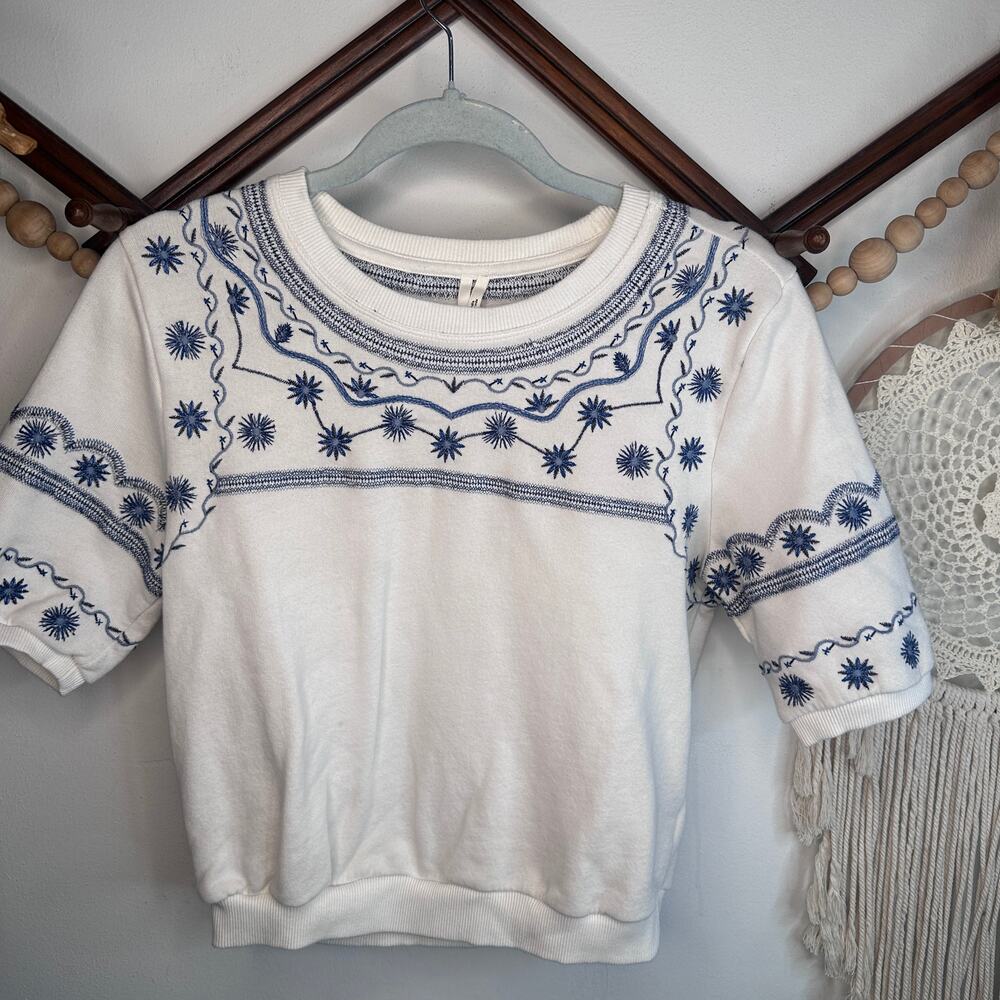 Anthropologie White Blue Embroidered Knit Top